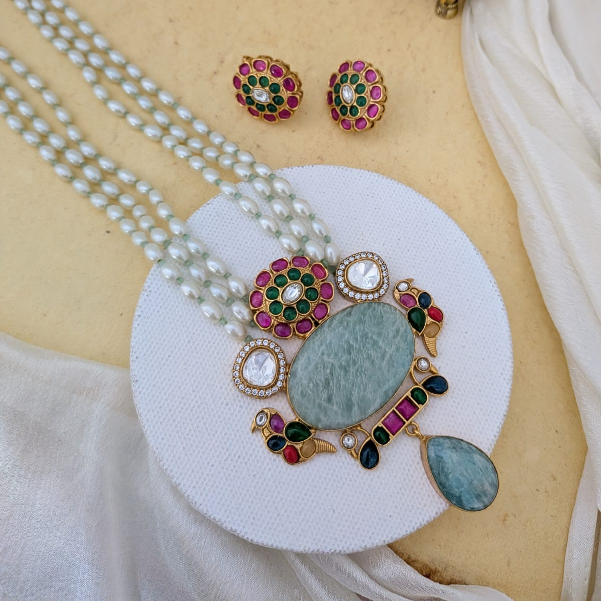 3 layer Long pearl haram semiprecious stone studded Jadau kundan Necklace - Turquoise