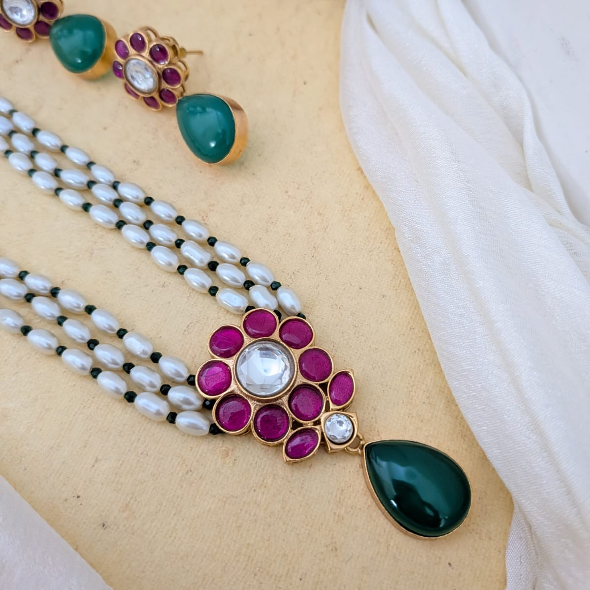 3 layer Long pearl haram semiprecious stone studded Jadau kundan Necklace