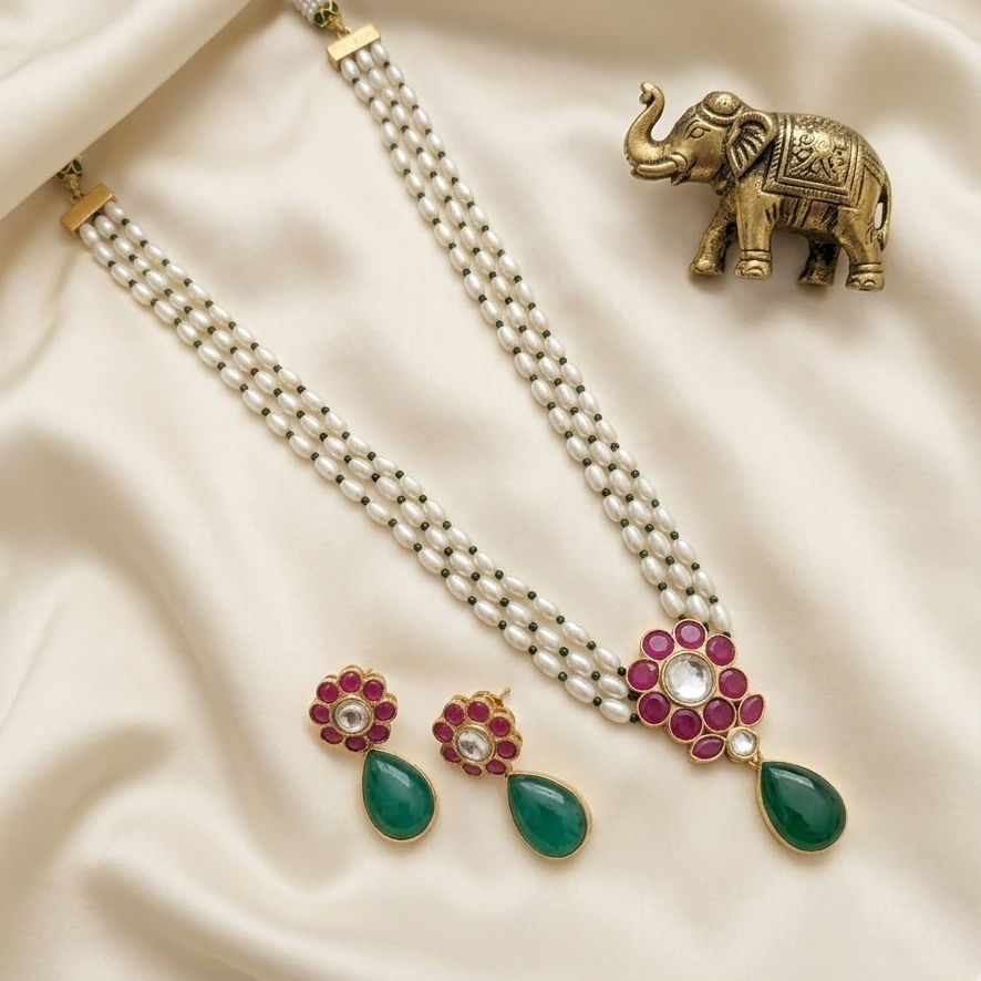 3 layer Long pearl haram semiprecious stone studded Jadau kundan Necklace