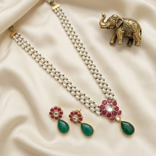 3 layer Long pearl haram semiprecious stone studded Jadau kundan Necklace