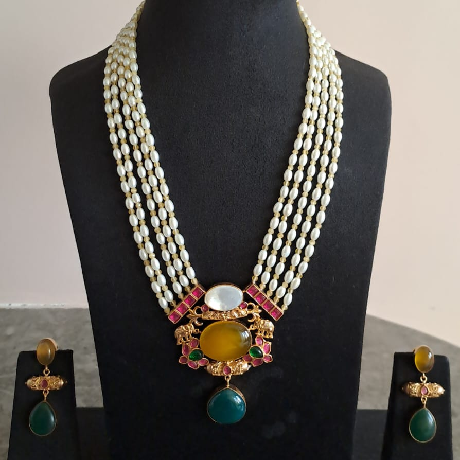 Long pearl haram semiprecious stone studded Jadau kundan Necklace