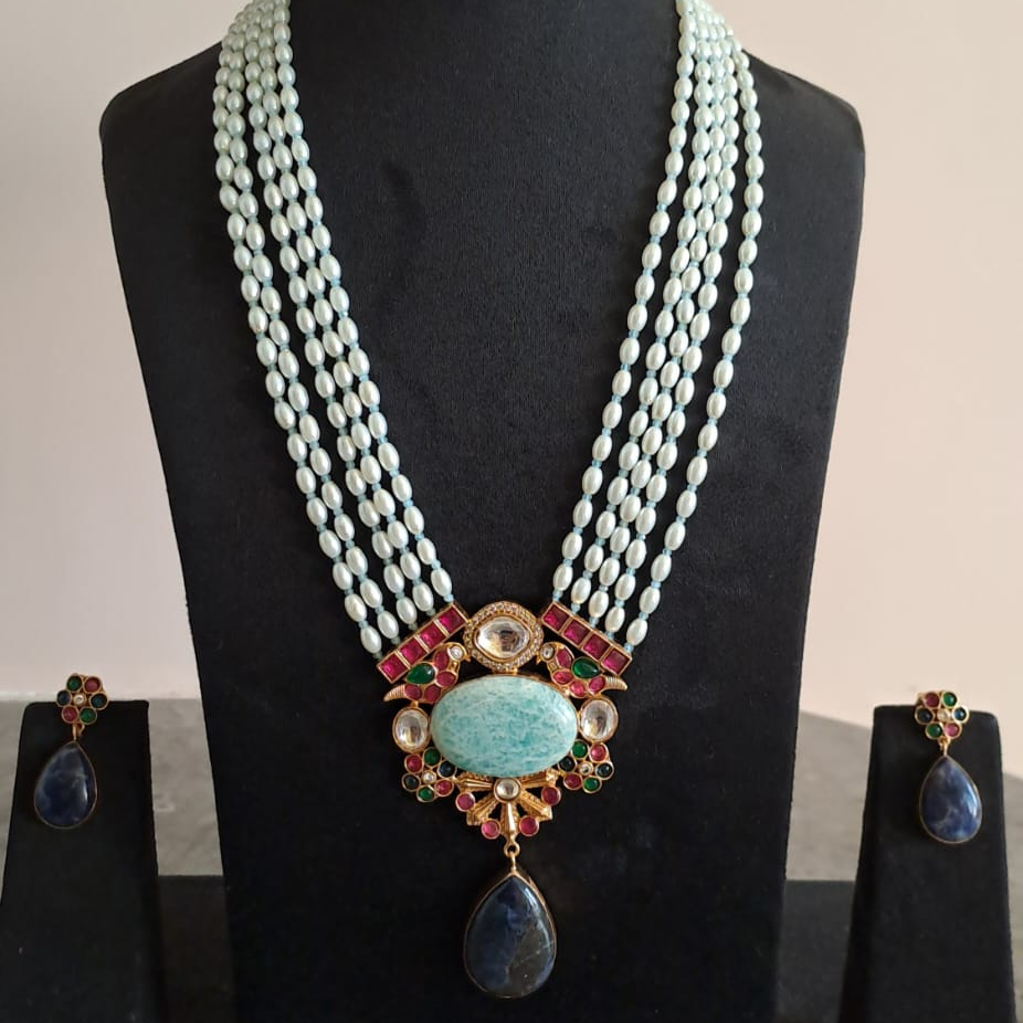 5 layer long pearl haram semiprecious stone studded Jadau kundan Necklace - Turquoise and Lapis