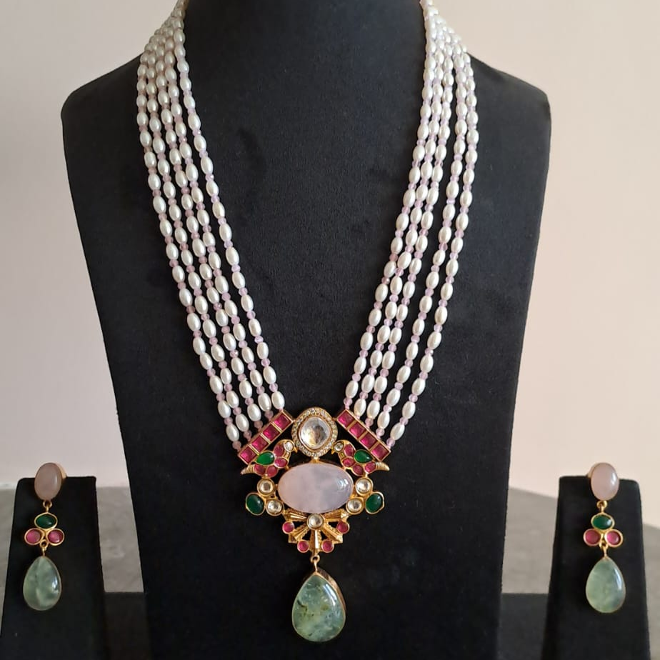 Long pearl haram semiprecious stone studded Jadau kundan Necklace - Emerald