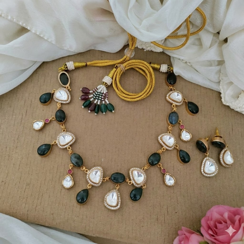 Labradorite and Kundan stone necklace set