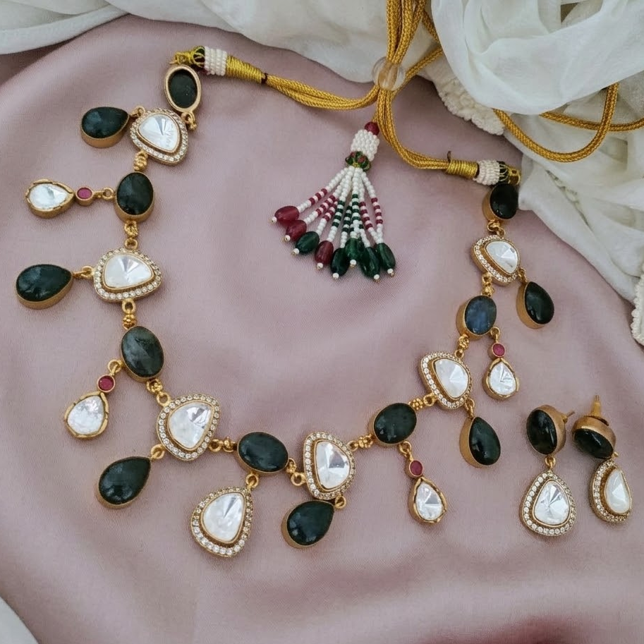 Labradorite and Kundan stone necklace set