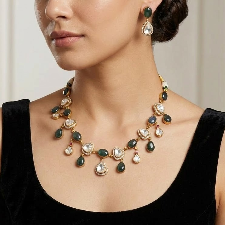 Labradorite and Kundan stone necklace set