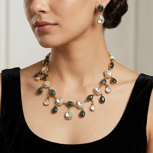 Labradorite and Kundan stone necklace set