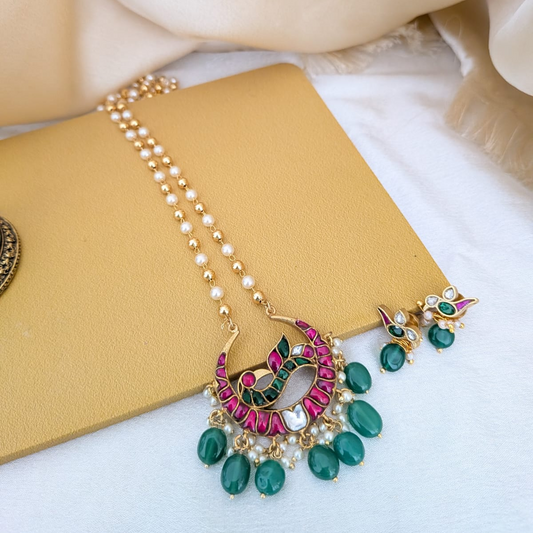 Round stone peacock pearl long chain set