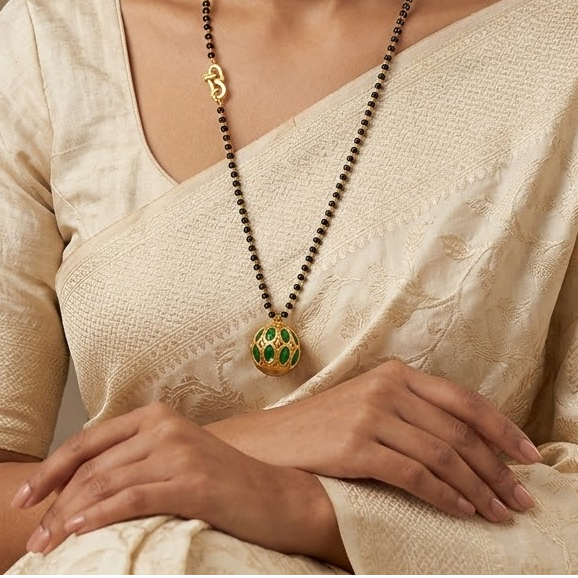 Jadau Kundan green stone ball pendant Mangalsutra chain