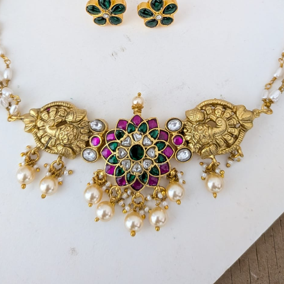 Nakshi work peacock with jadau kundan choker