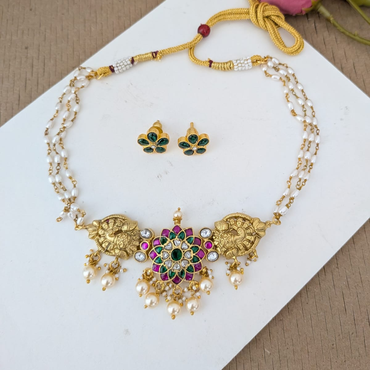 Nakshi work peacock with jadau kundan choker