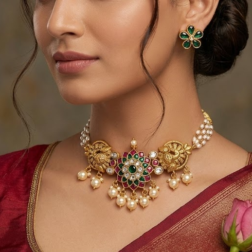 Nakshi work peacock with jadau kundan choker