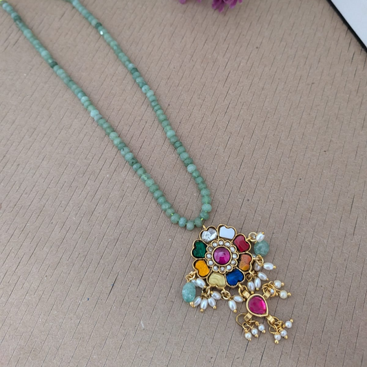 Jadau Kundan Navratna pendant long chain set