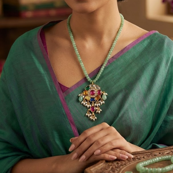 Jadau Kundan Navratna pendant long chain set