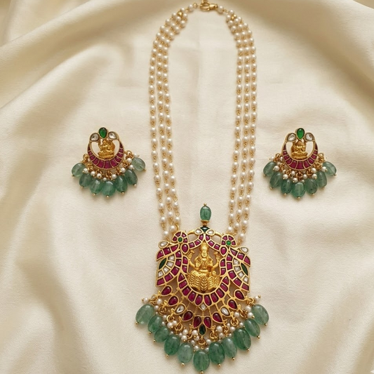 Long Lakshmi design Jadau kundan pearl necklace