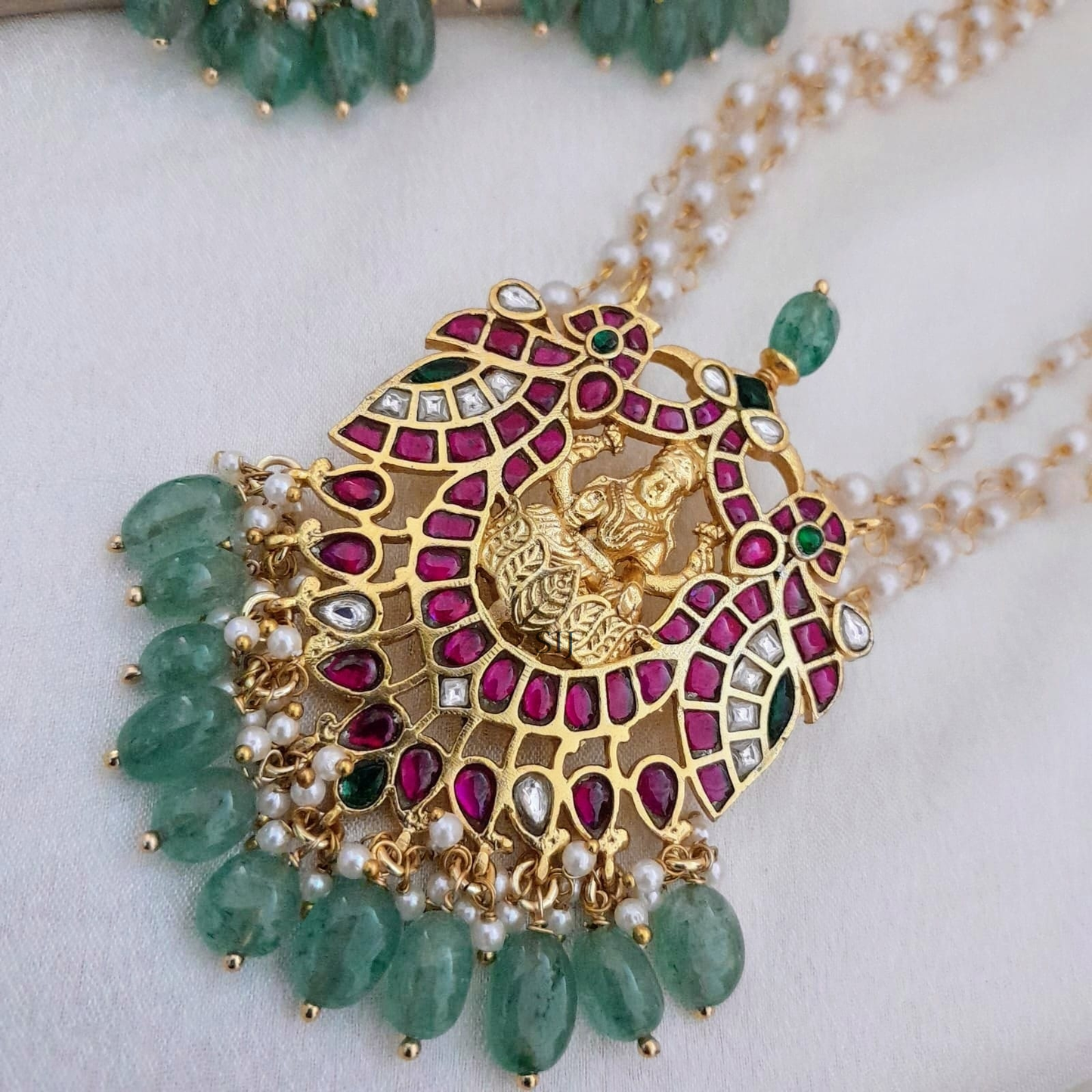 Long Lakshmi design Jadau kundan pearl necklace