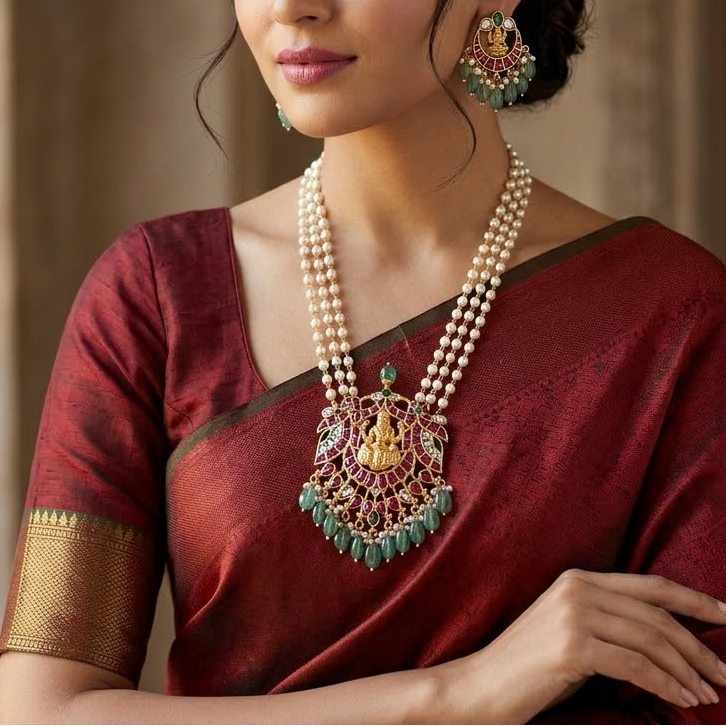 Long Lakshmi design Jadau kundan pearl necklace