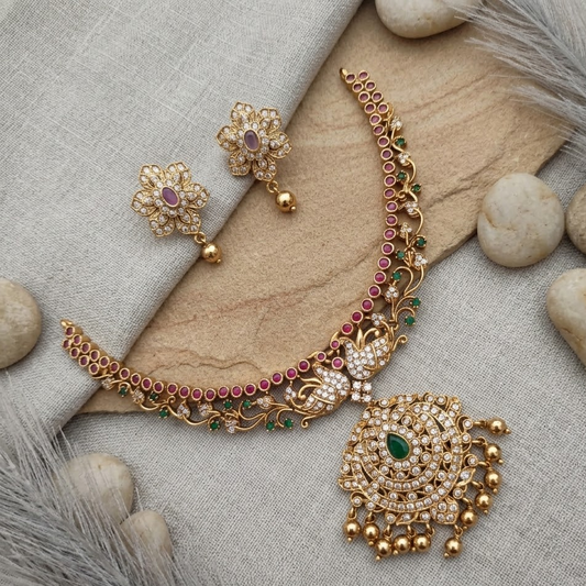 Golden ruby&white stone necklace