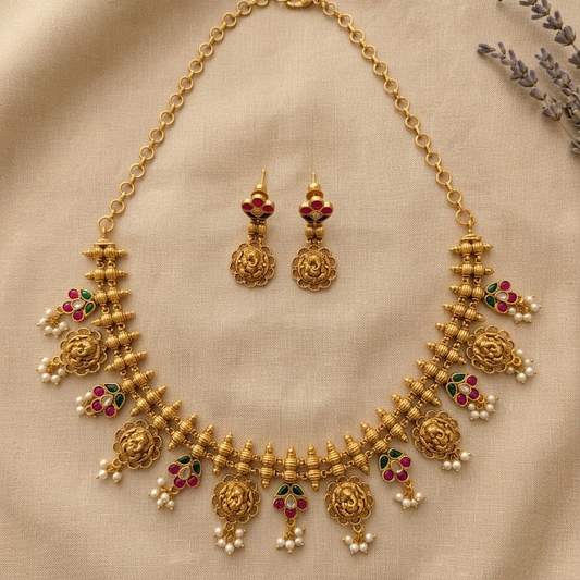 Jadau kundan floral with ganesha motif necklace set