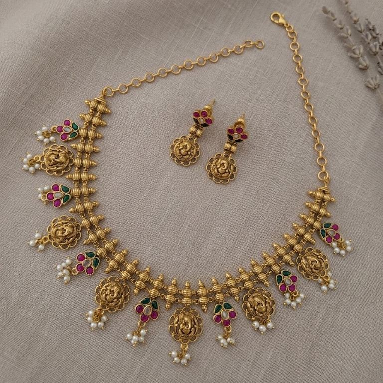Jadau kundan floral with ganesha motif necklace set