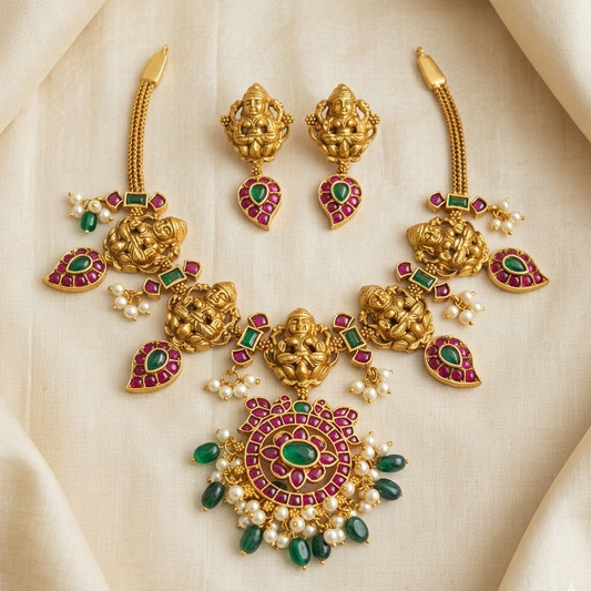 Temple necklace set with lakshmi design