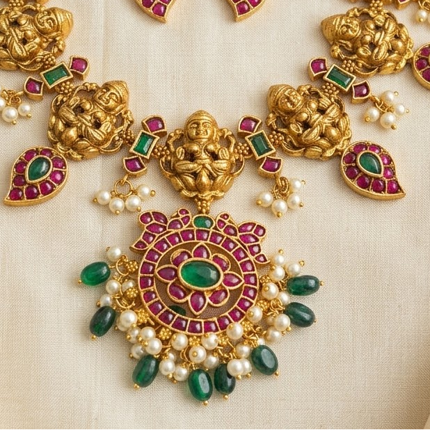 Temple necklace set with lakshmi design