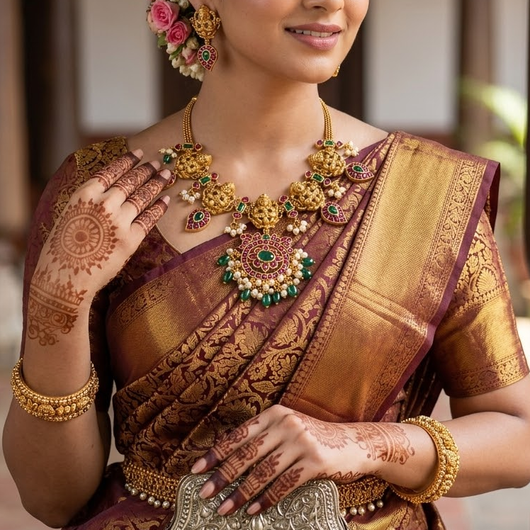 Temple necklace set with lakshmi design