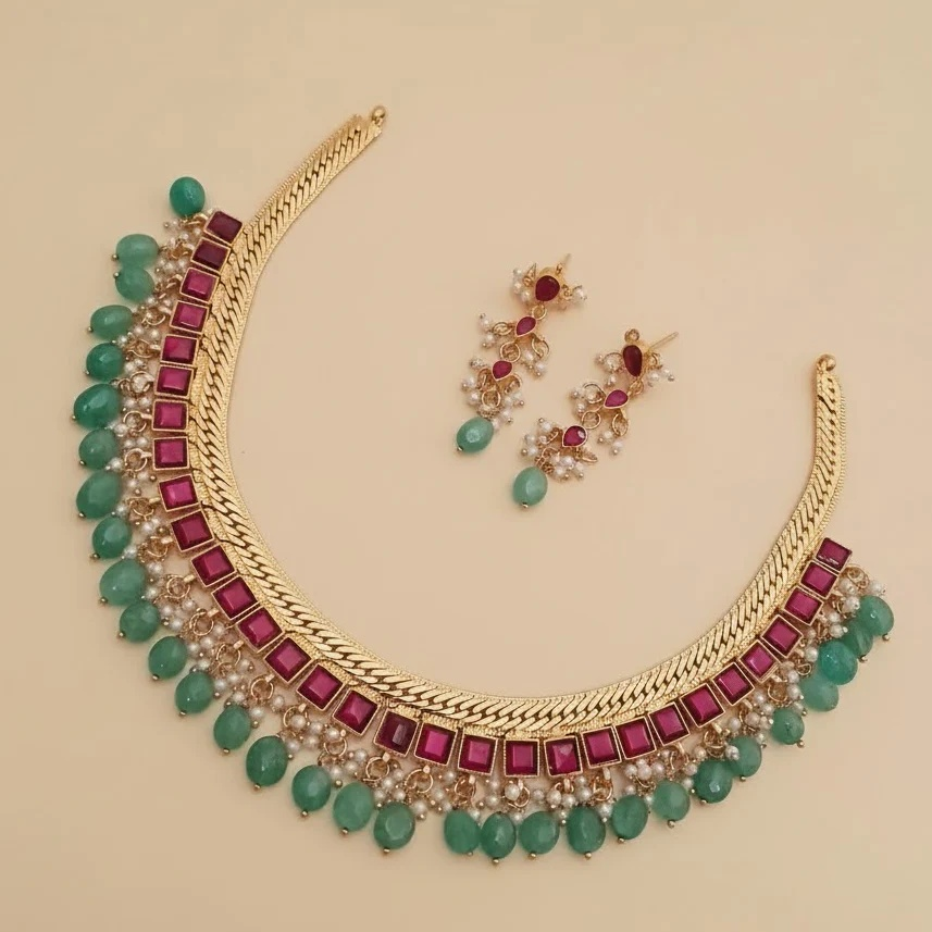 Jadau kundan Square stone studed necklace set