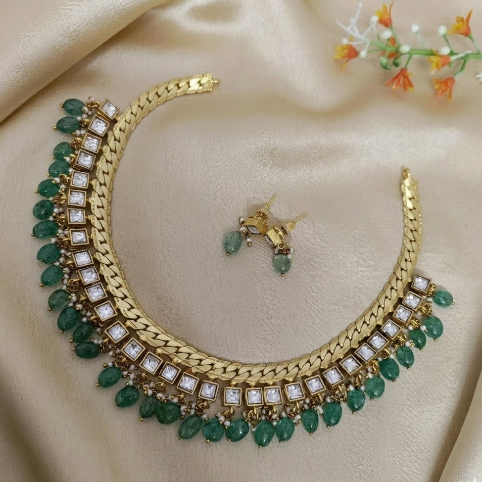 Jadau kundan Square stone studed necklace set White
