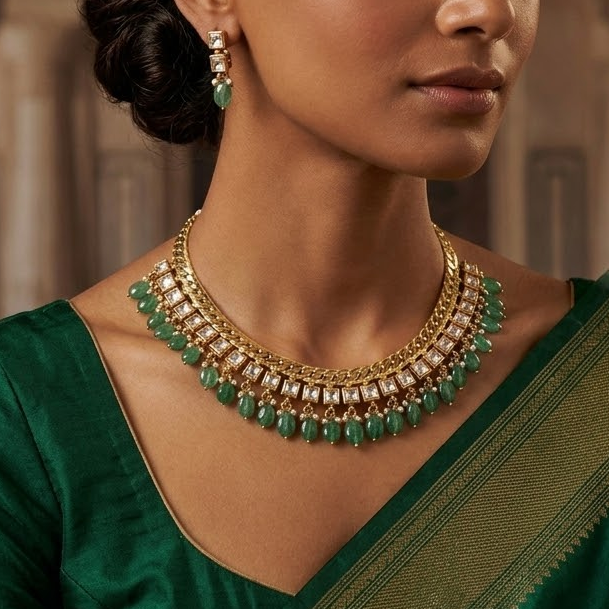 Jadau kundan Square stone studed necklace set White