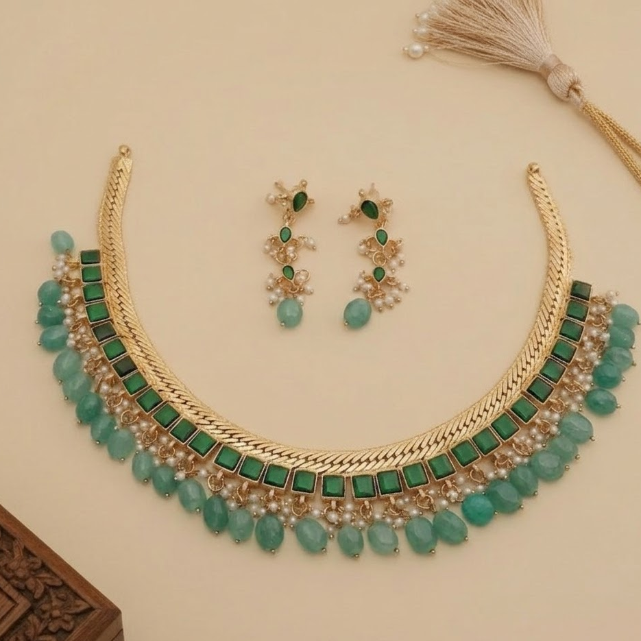 Jadau kundan Square stone studed necklace set Green