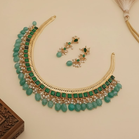 Jadau kundan Square stone studed necklace set Green