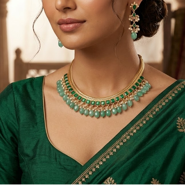 Jadau kundan Square stone studed necklace set Green