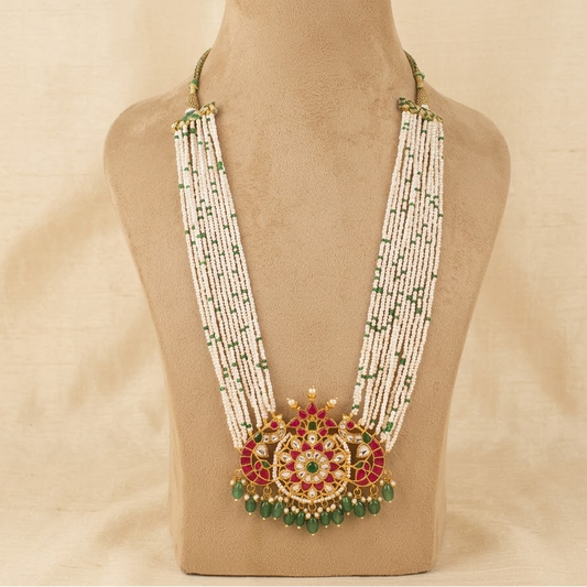 Peacock jadau stone pearl long chain set