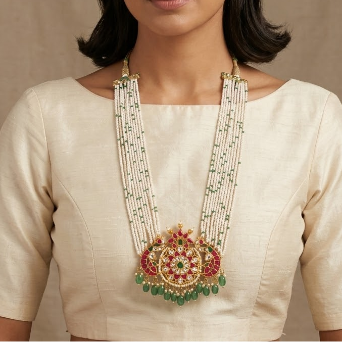 Peacock jadau stone pearl long chain set