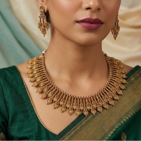 Antique gold finish drop spike shaped necklace set