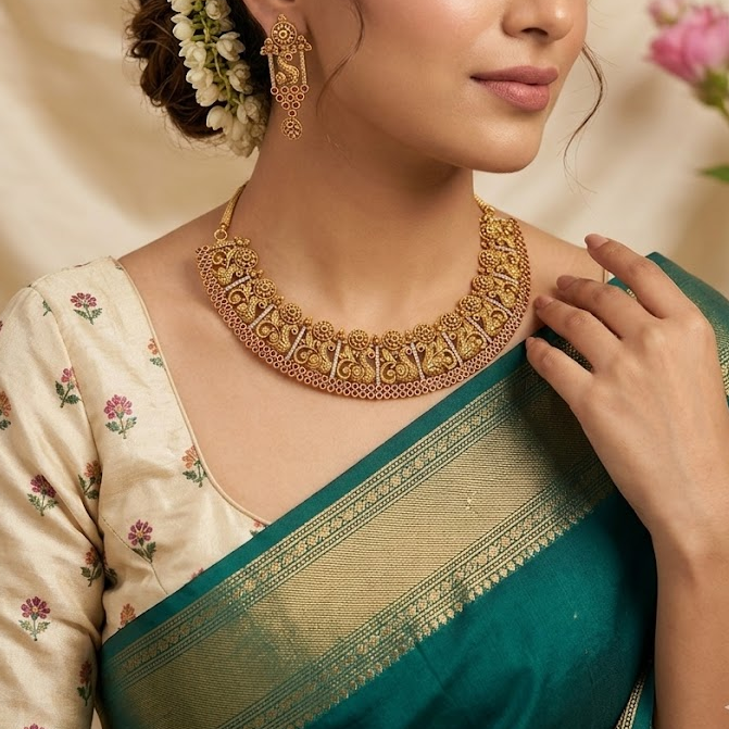 Broad necklace with peacock design