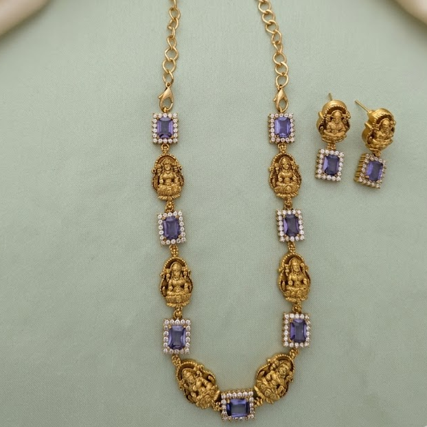 Lakshmi motif with rectangle shaped stone studded necklace set