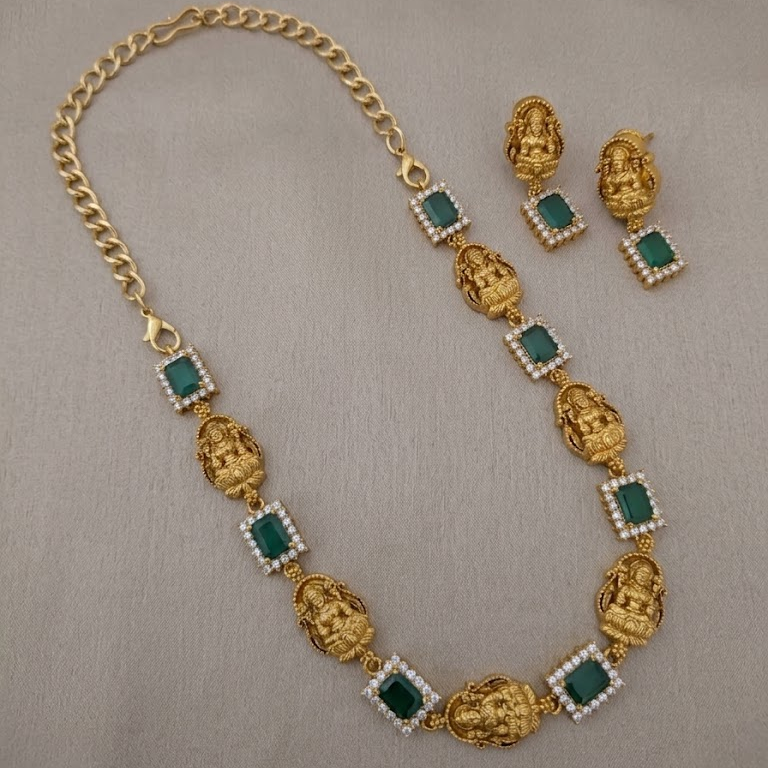 Lakshmi motif with rectangle shaped stone studded necklace set