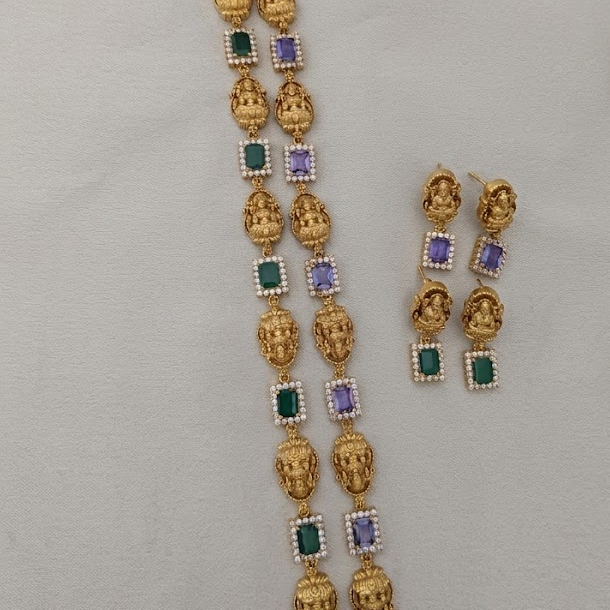 Lakshmi motif with rectangle shaped stone studded necklace set
