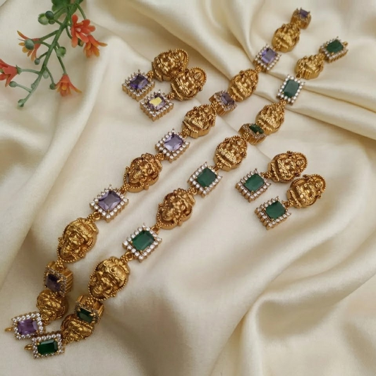 Lakshmi motif with rectangle shaped stone studded necklace set