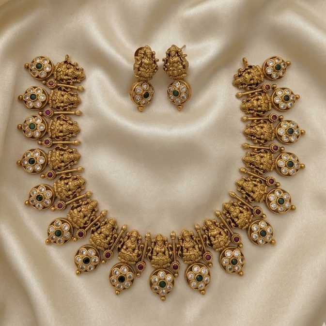 Lakshmi motif with white stone necklace