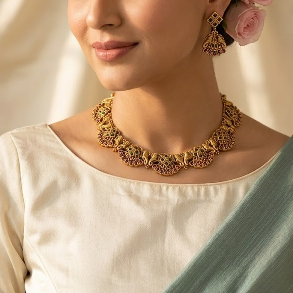 Golden necklace with kemp stones and majestic trunk motif on both sides