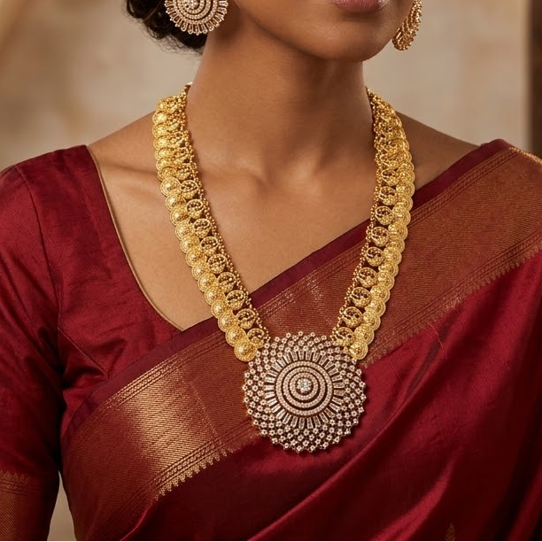 Lakshmi coin necklace with round white pendant in the middle