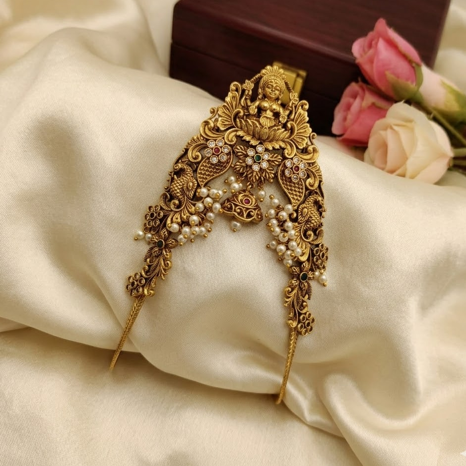 Antique Laksmi multi color stone bridal Vanki with pearl drop