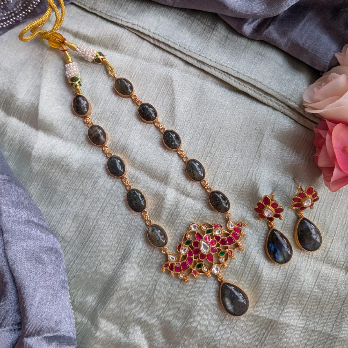 Bold and beautiful Jadau kundan exclusive stone necklace set Labradorite