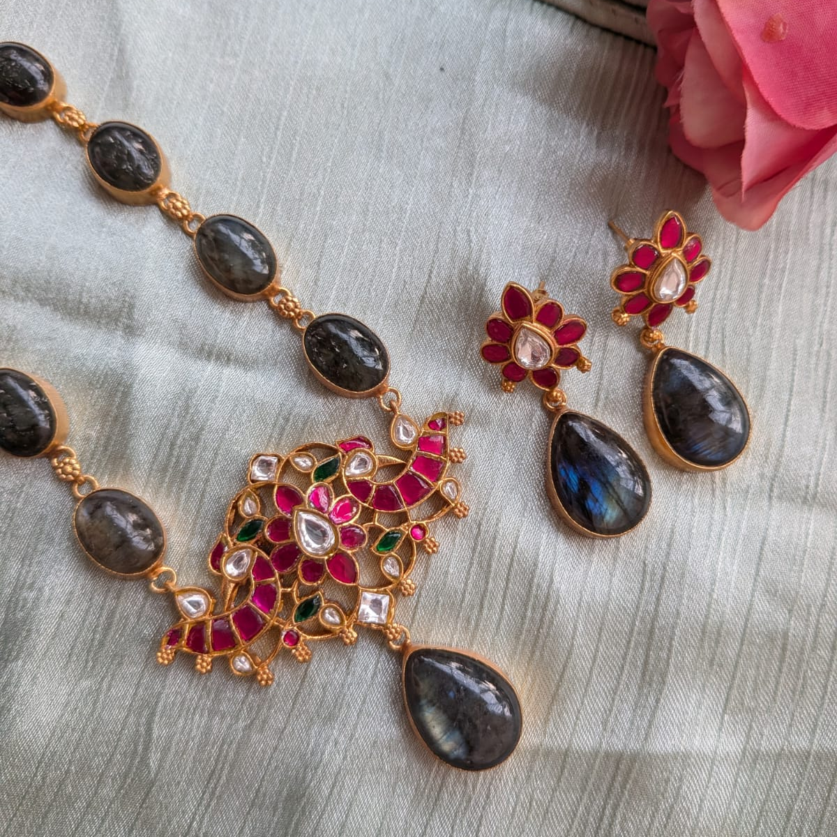 Bold and beautiful Jadau kundan exclusive stone necklace set Labradorite