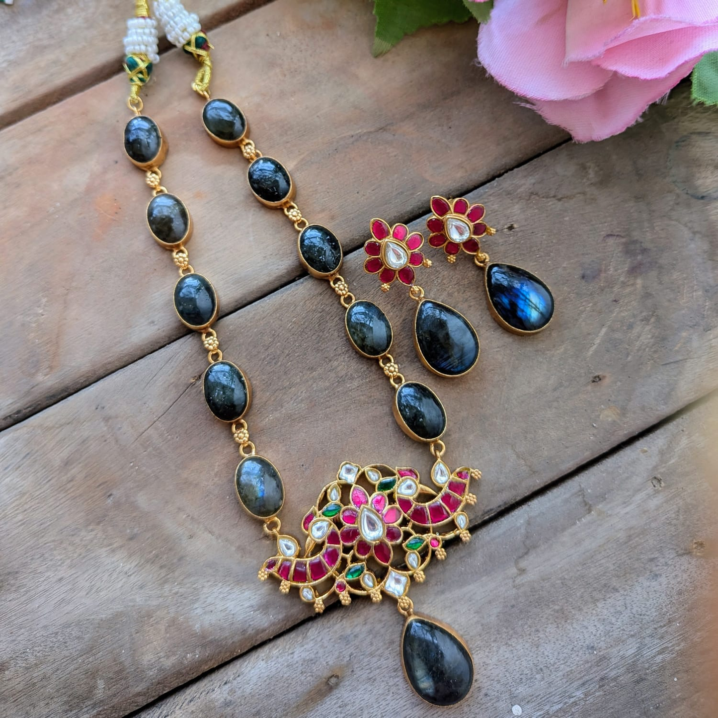 Bold and beautiful Jadau kundan exclusive stone necklace set Labradorite