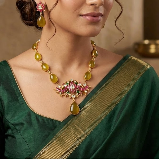 Bold and beautiful Jadau kundan exclusive stone necklace set Labradorite