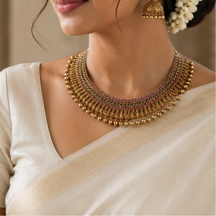 Broad dual colour stone studded with tiny peacock necklace with big jumkha